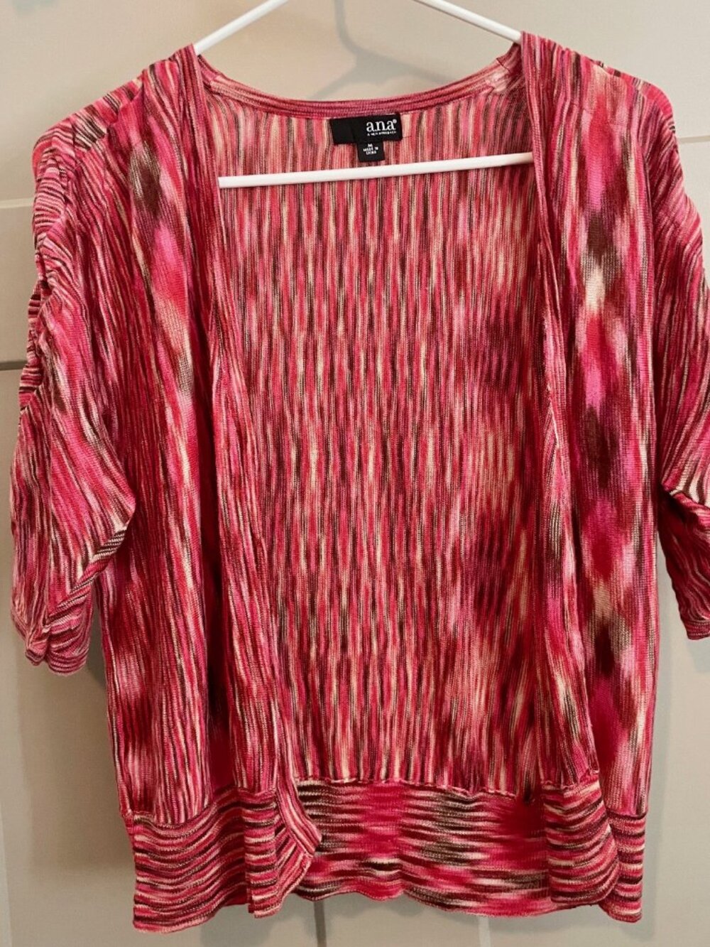 a.n.a. short-sleeved yarn-dyed cardigan, shades of pink & red